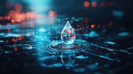 Binaryinfused water drop, detailed reflections, dark scifi backdrop, intense blue hue