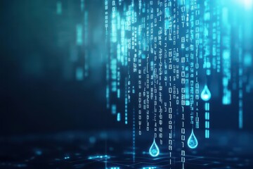 Poster - Digital raindrop, cascading binary code, cyberpunk blue, intense glow, dark tech ambiance