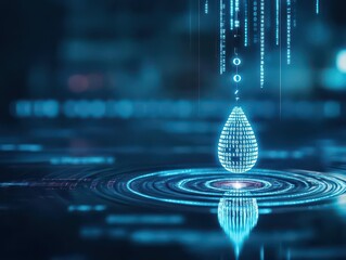 Poster - Digital water drop, binary code reflection, cyber blue tones, dark background, futuristic elegance
