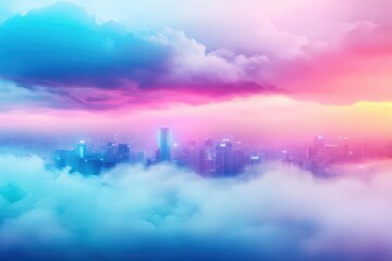 Wall Mural - futuristic collage banner, stormy clouds illuminated by city lights, blending soft pastel fog with r