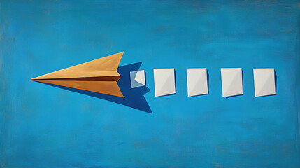 A brown paper airplane leading the way with white origami planes following on blue background, oil painting, minimalis