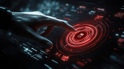 Hand touching a futuristic digital hologram with a circular graphic interface on a dark background, an AI technology concept
