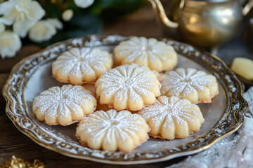 Delicate shortcrust pastry cookies decorated with powdered sugar.