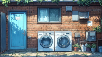 Two washing machines sit beside a blue door on a brick wall, surrounded by plants, capturing a warm, inviting laundry area on a sunny day