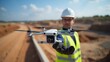© ArtPro - A black drone hovers over a construction site, capturing aerial footage of the building developments with cranes and framework in the background.