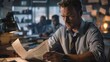 © spyrakot - Male Investigative Journalist Reviewing Documents in a Busy Newsroom Setting