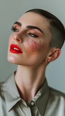 Modern Beauty. Close-Up of Freckled Woman with Bold Makeup and Shaved Head