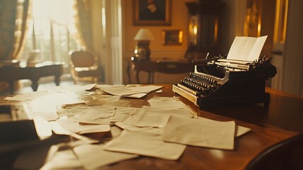 2. An old-fashioned wooden desk with scattered papers and a typewriter, seen through the warm tones of a vintage camera lens