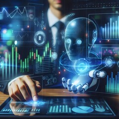 a robot with a blue background and a screen with a blue  with a graph of graphs and diagrams.