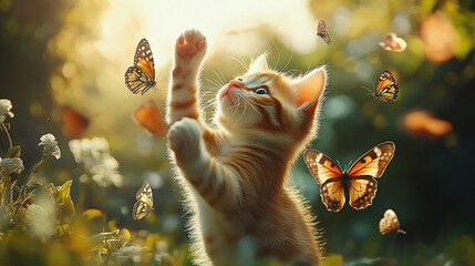 A playful kitten reaching towards butterflies in the sunlit garden