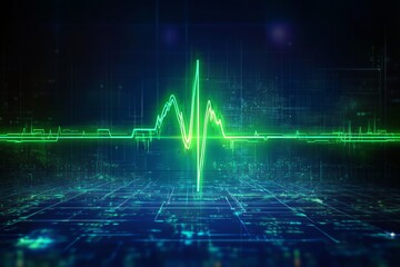 Green heartbeat line is pulsing on digital background, representing healthcare technology and innovation