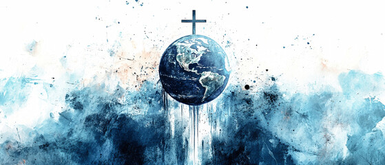 Wall Mural - Elegant watercolor painting of Earth with a cross, showcasing realistic blue tones and artistic line art on textured white background