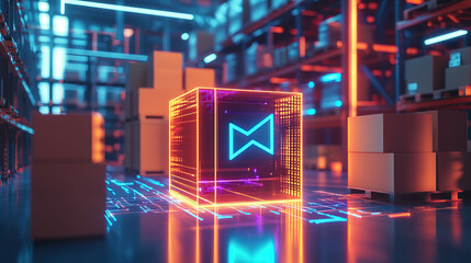 A futuristic warehouse with glowing data streams and digital holograms of boxes, representing the advanced technology behind logistics management