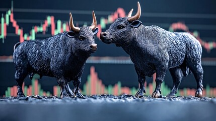 Fototapete - Abstract representation of stock price increase and decrease arrows in a digital financial landscape, showing bullish and bearish trends with empty space for text