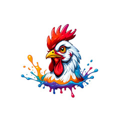 illustration of chicken animal mascot head logo and colorful liquid splashing on white background.