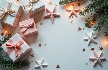 Christmas background with white gift boxes. Top down view. Copy space