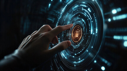 Hand touching a futuristic digital hologram with a circular graphic interface on a dark background, an AI technology concept