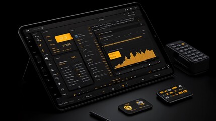 Fototapete - Graphical display of financial insights on a tablet screen, with investment opportunities, risk levels, and AI-driven recommendations with empty space for text