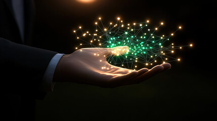 Wall Mural - hand holding a glowing digital network sphere on a dark background, a technology concept