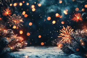 Snow-covered Christmas background illuminated with colorful fireworks.