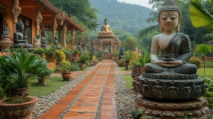 A view of the ancient Lao art and statues at the Buddha Park (Xieng Khuan) near Vientiane, surrounded by exotic plants.