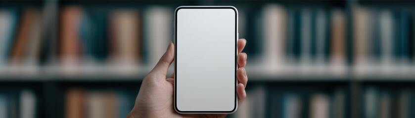 Aufkleber - A hand holds a smartphone in front of a blurred background of bookshelves, emphasizing digital interaction in a library setting.