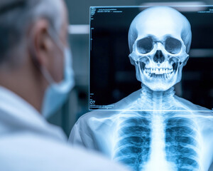 Poster - A medical professional examines an X-ray image of a human skeleton, highlighting the importance of radiology in diagnostics.