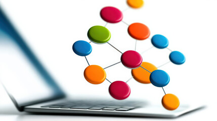 Poster - A colorful network of nodes hovers above a laptop, symbolizing connectivity and data visualization in a digital environment.