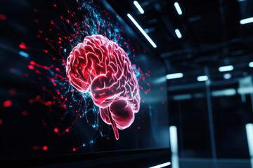 Leinwandbilder - A vibrant digital representation of a brain surrounded by glowing particles, showcasing the intersection of neuroscience and technology.