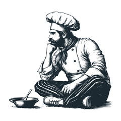 The chef sat lost in thought. Black white vector illustration.