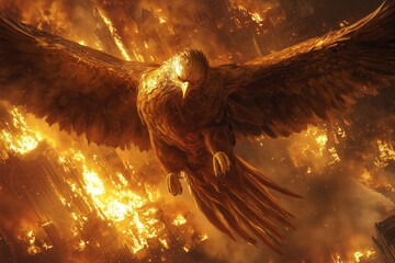 A majestic phoenix spreads its wings as it flies over a city engulfed in intense flames and billowing smoke. 