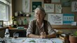 © VK Studio - An elder botanist, surrounded by ferns and plant diagrams, reflects in thoughtful stillness, highlighting a lifetime of study and passion for nature.