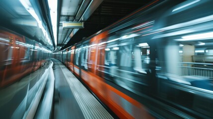 Wall Mural - An orange metro train whizzes through a futuristic station, its speed blurring the surroundings and evoking a sense of dynamic urban movement.