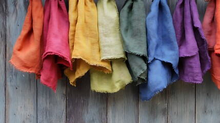 A row of colorful fabric swatches hangs on a weathered wood panel, showcasing a variety of textures and hues, from orange to purple, creating a visually appealing display of color and texture.