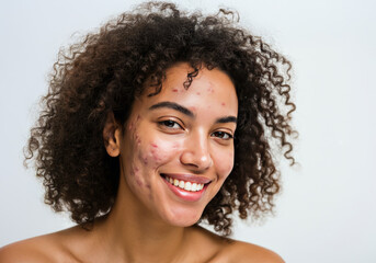 Young woman with curly hair smiling despite skin blemishes in a bright indoor setting during daytime