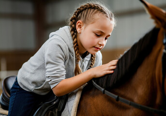 Young girl gently bonding with a brown horse in an indoor riding arena during a sunny afternoon