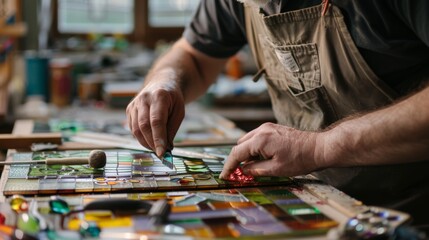 Wall Mural - Skilled craftsman meticulously assembles a colorful stained glass pattern, reflecting creativity and precision in an artisan’s workshop.