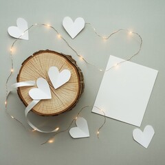 Mockup of a blank Valentine's Day greeting card among the festive Valentine's cards cut out of paper.
