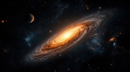 Wall Mural - Spiral galaxy with a bright yellow center. The galaxy is surrounded by a dark background. Concept of vastness and mystery, as the viewer is left to imagine the countless stars