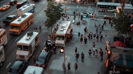 Wall Mural - A bustling city street viewed from above, showcasing the dynamic movement of people and vehicles, capturing urban life's vibrancy.