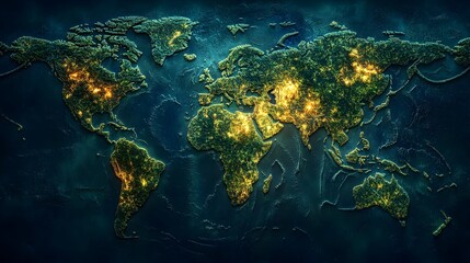 Illuminated World Map Showcasing Climate Conscious Renewable Energy Infrastructure and Natural