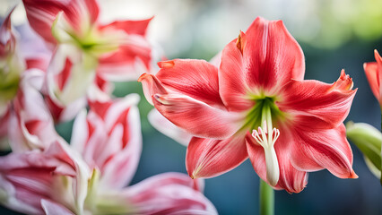 A close up of a red and white flower with a green stem