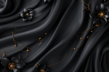 Wall Mural - black luxury cloth, silk satin velvet, with floral shapes, gold threads, luxurious wallpaper, elegan
