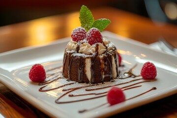 Wall Mural - a delicious chocolate lava cake with raspberries on a white plate