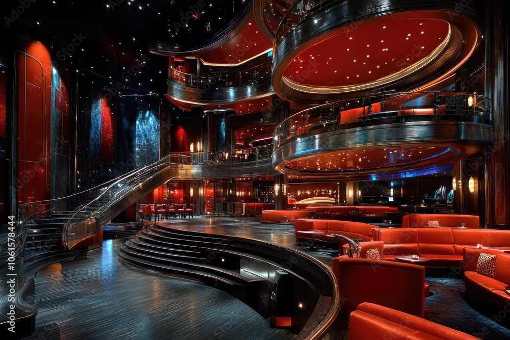 Luxurious multi-level nightclub interior with red furniture and ...