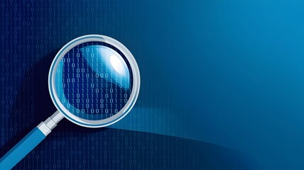 Blue background with magnifying glass over digital binary code