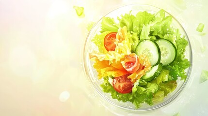 A fresh salad with lettuce, tomato, cucumber in a clear bowl with a blurred, sunny background.