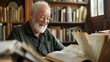© VK Studio - A joyful elder man is captured in a study-like room, filled with books, as he enjoys reading, radiating happiness and wisdom.