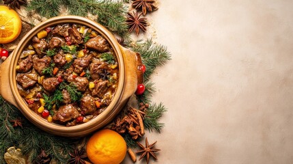 a rustic bowl of venison stew with cranberries, oranges, and star anise.