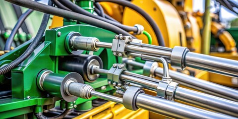 Poster - Close-up of a hydraulic system with shiny metal pistons and hoses, showcasing the intricate engineering of modern machinery